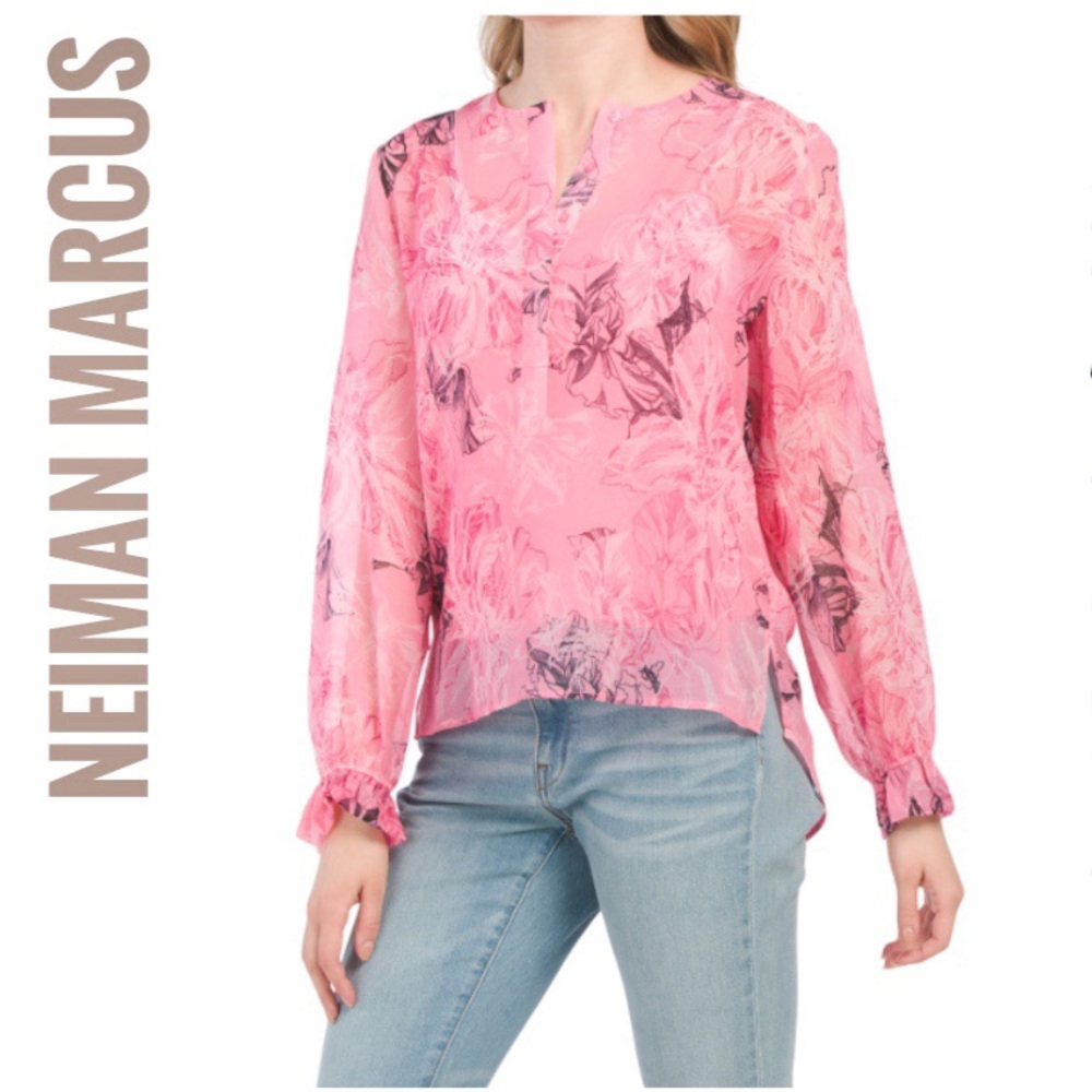 New Neiman Marcus pink floral printed blouse